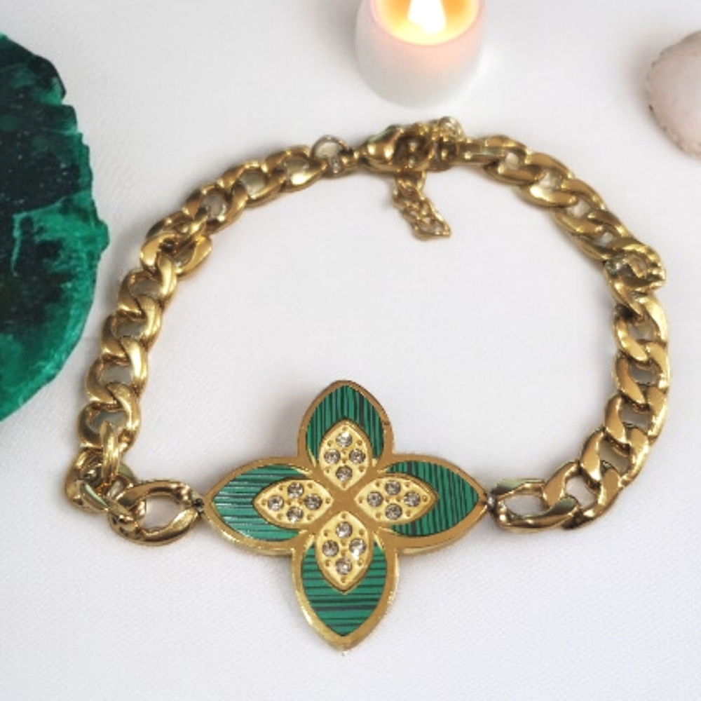 French Clover Malachite Zircon Chunky Chain Bracelet